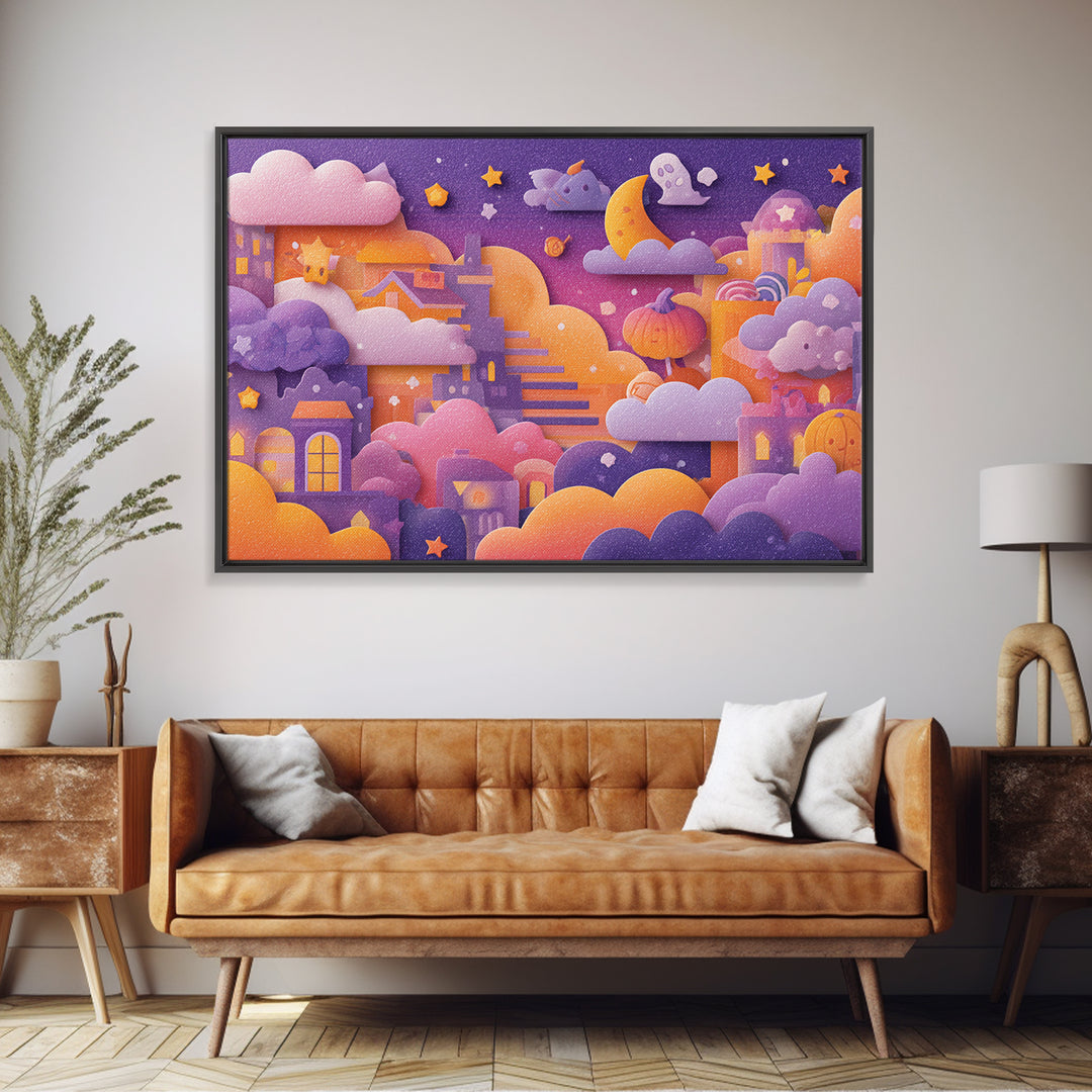 The Halloween Cloud Kingdom, Kawaii Halloween Art, Landscape Wall Art, Framed Canvas Print, Cute Halloween Wall Art