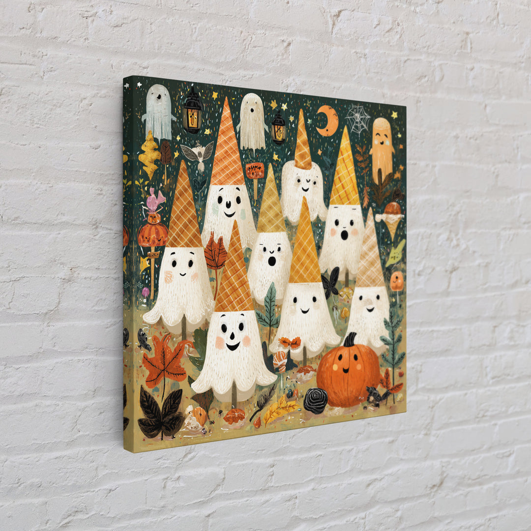 The Ice-Cream Ghost Parade, Retro Halloween Art, Square Wall Art, Canvas Print, Cute Halloween Wall Art