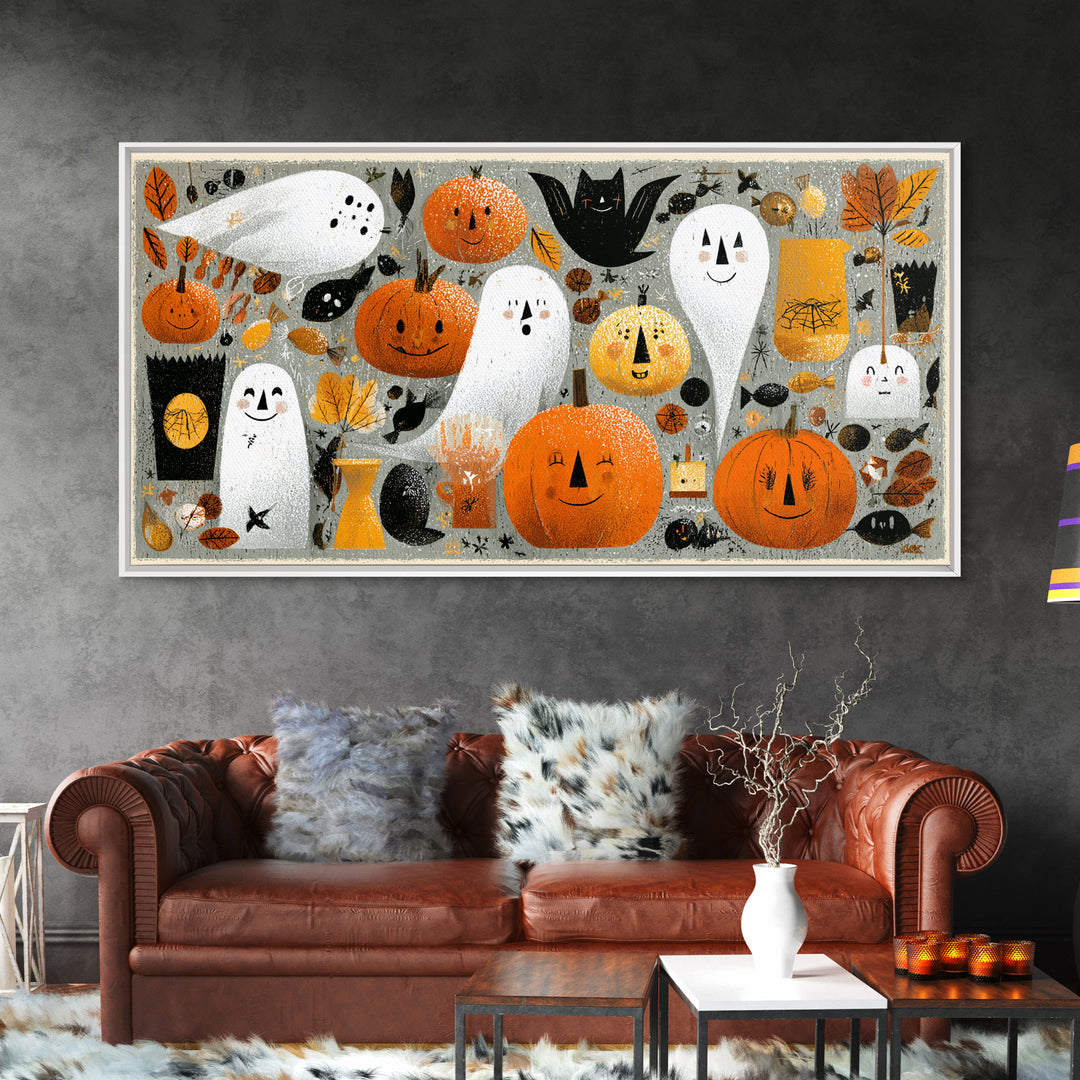 The Halloween Craft Table, Screenprint Halloween Art, Wide Panoramic Art, Framed Canvas Print, Cute Halloween Wall Art
