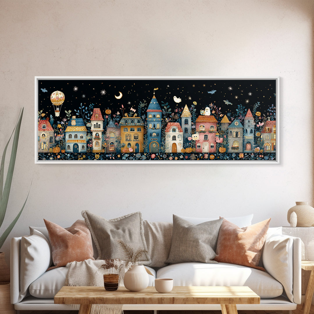 The Ghost Balloon City, Folk Halloween Art, Extra Wide Wall Art, Canvas Print, Cute Halloween Wall Art