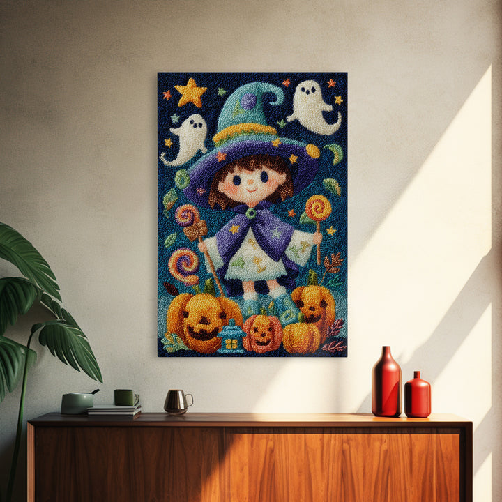 The Star-Cape Magician, Embroidered Halloween Art, Vertical Wall Art, Canvas Print, Cute Halloween Wall Art
