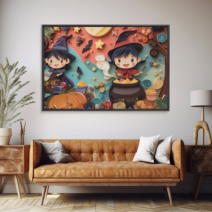The Cupcake Cauldron Class, Quilled Halloween Art, Landscape Wall Art, Framed Canvas Print, Cute Halloween Wall Art