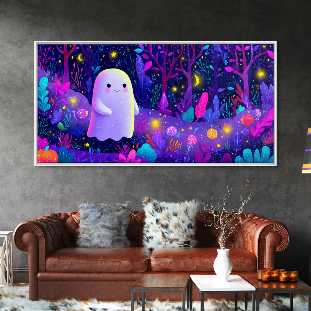The Ghost And Firefly Friends, Vaporwave Halloween Art, Wide Panoramic Art, Framed Canvas Print, Cute Halloween Wall Art