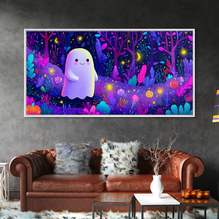 The Ghost And Firefly Friends, Vaporwave Halloween Art, Wide Panoramic Art, Framed Canvas Print, Cute Halloween Wall Art