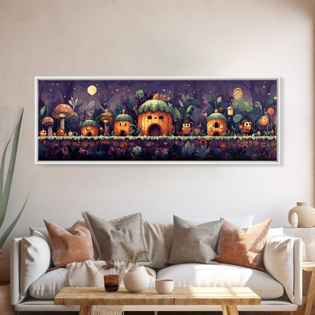 The Moonlit Acorn Village, Pixel Halloween Art, Extra Wide Wall Art, Canvas Print, Cute Halloween Wall Art