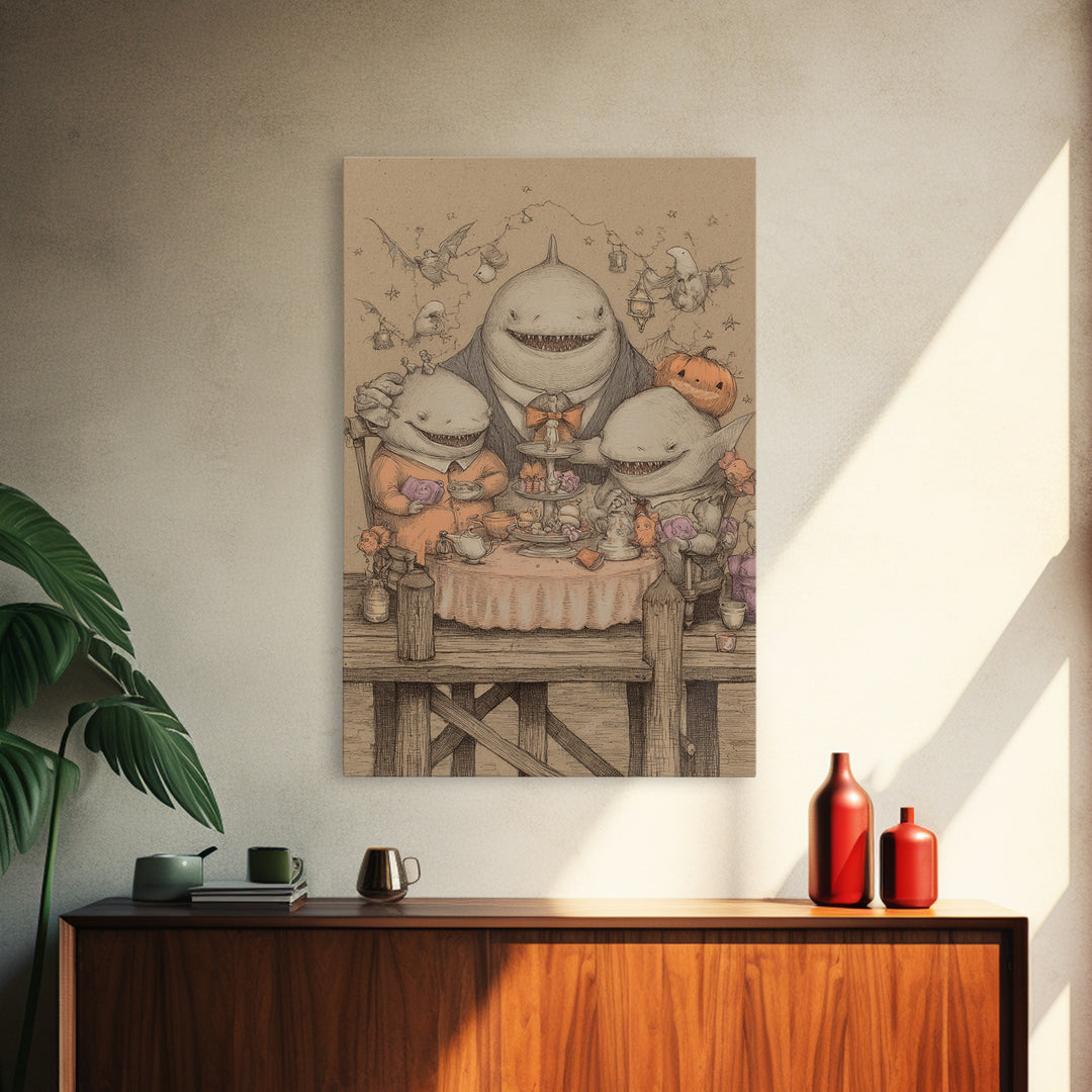 The Tea Party At Innsmouth Pier, Hand Sketch Halloween Art, Vertical Wall Art, Canvas Print, Cute Halloween Wall Art