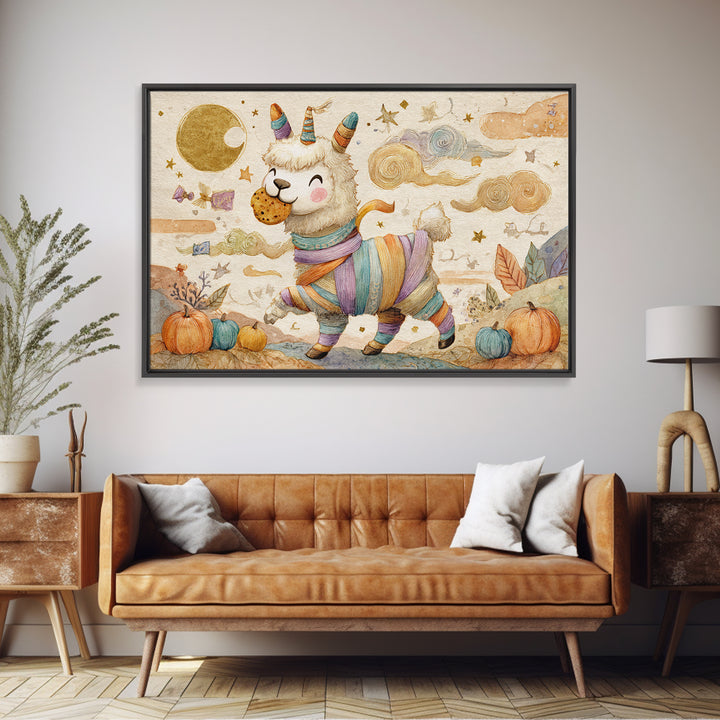 The Llama Mummy, Watercolor Halloween Art, Landscape Wall Art, Framed Canvas Print, Cute Halloween Wall Art