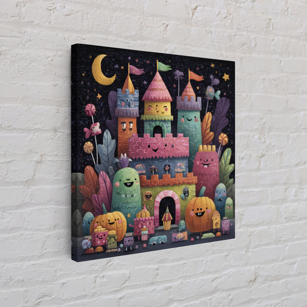 The Candy Castle, Gouache Halloween Art, Square Wall Art, Canvas Print, Cute Halloween Wall Art, Halloween Kids Decor, Storybook Decor