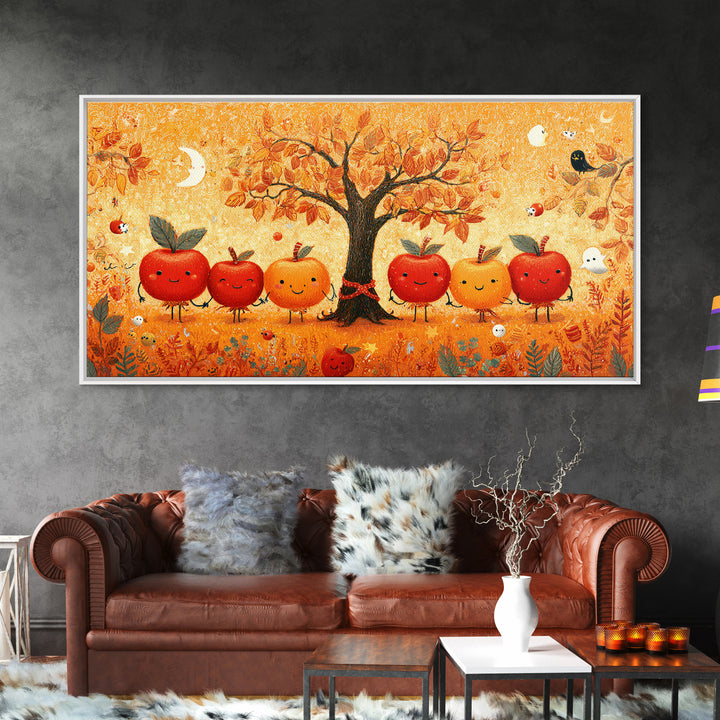 The Caramel Apple Friends, Crayon Halloween Art, Wide Panoramic Art, Framed Canvas Print, Cute Halloween Wall Art