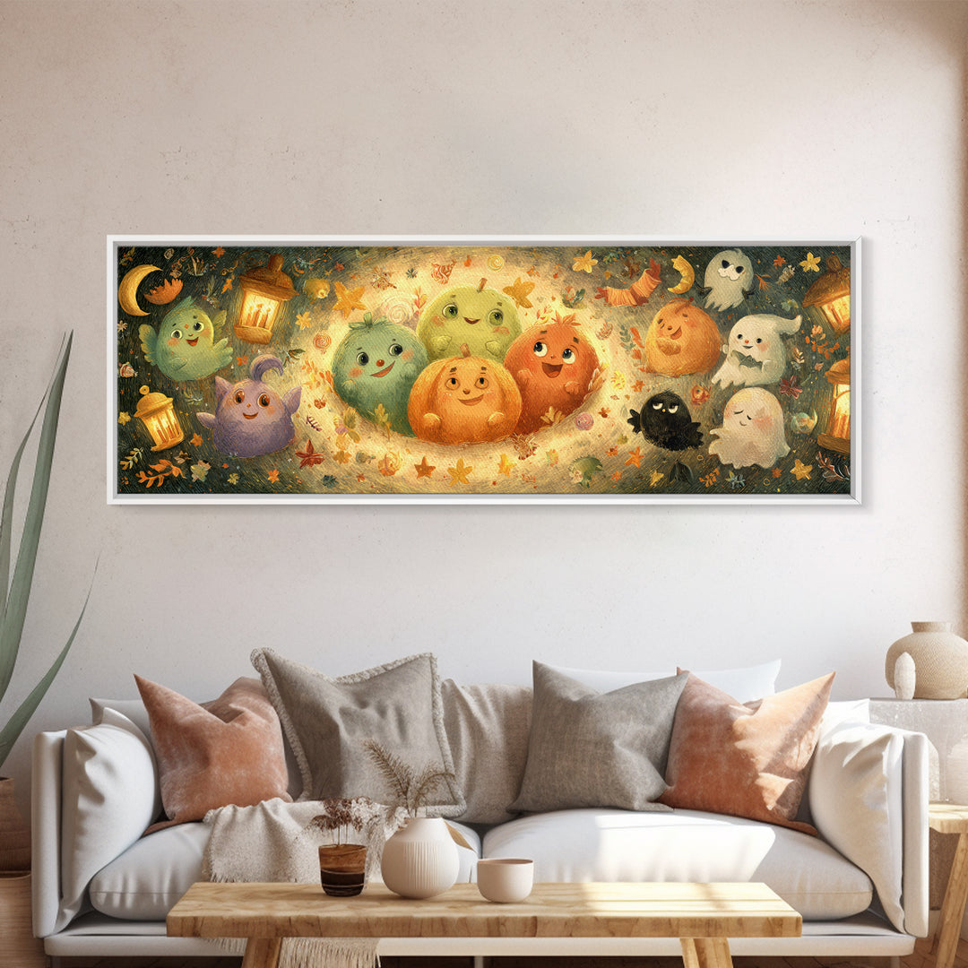 The Halloween Story Circle, Pastel Halloween Art, Extra Wide Wall Art, Canvas Print, Cute Halloween Wall Art
