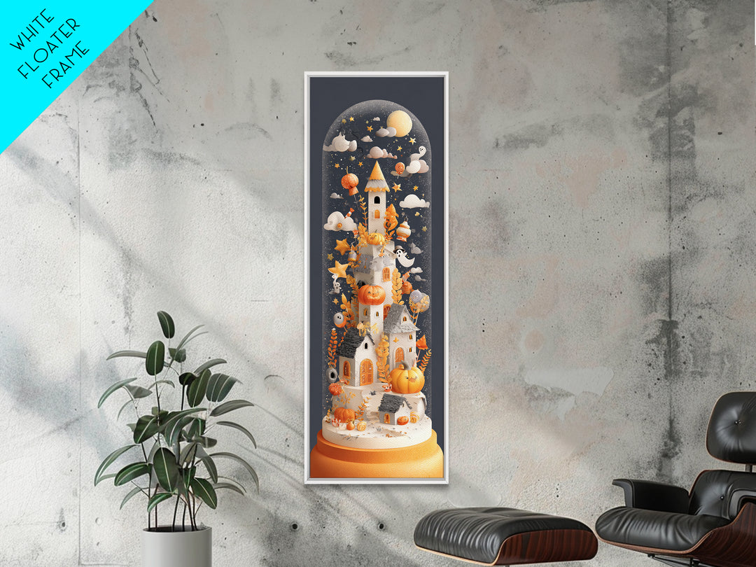 Halloween Inside A Snow Globe, Paper Collage Halloween, Tall Narrow Wall Art, Framed Canvas Print, Cute Halloween Wall Art