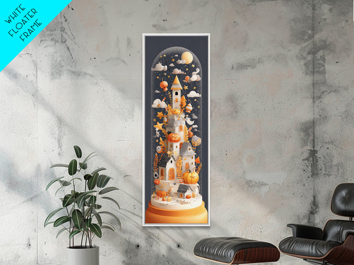 Halloween Inside A Snow Globe, Paper Collage Halloween, Tall Narrow Wall Art, Framed Canvas Print, Cute Halloween Wall Art