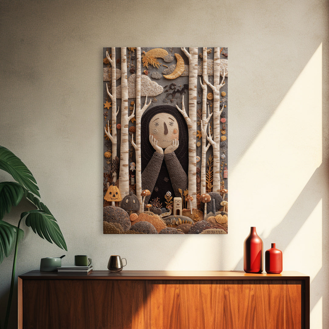 The Sleeper In The Birch Grove, Felt Halloween Art, Vertical Wall Art, Canvas Print, Cute Halloween Wall Art