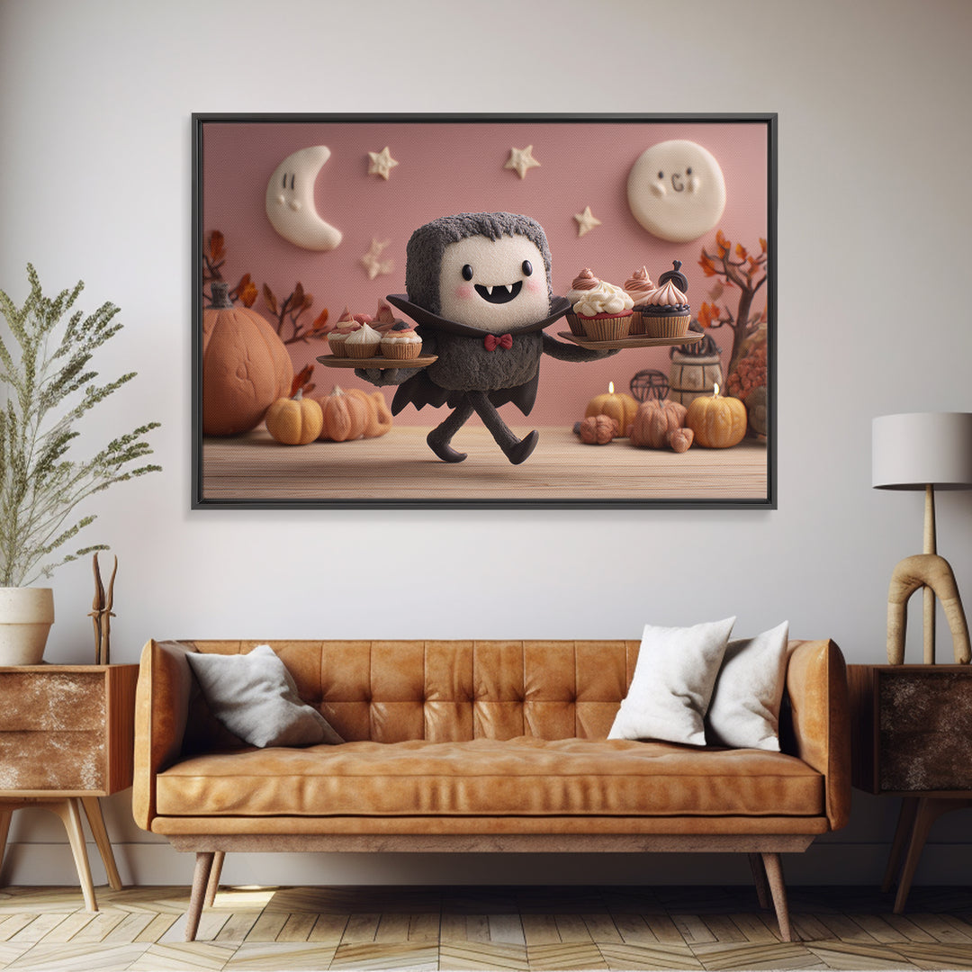 The Cupcake Vampire, Clay Halloween Art, Landscape Wall Art, Framed Canvas Print, Cute Halloween Wall Art