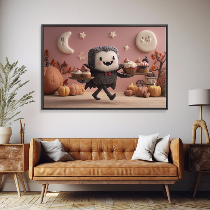 The Cupcake Vampire, Clay Halloween Art, Landscape Wall Art, Framed Canvas Print, Cute Halloween Wall Art