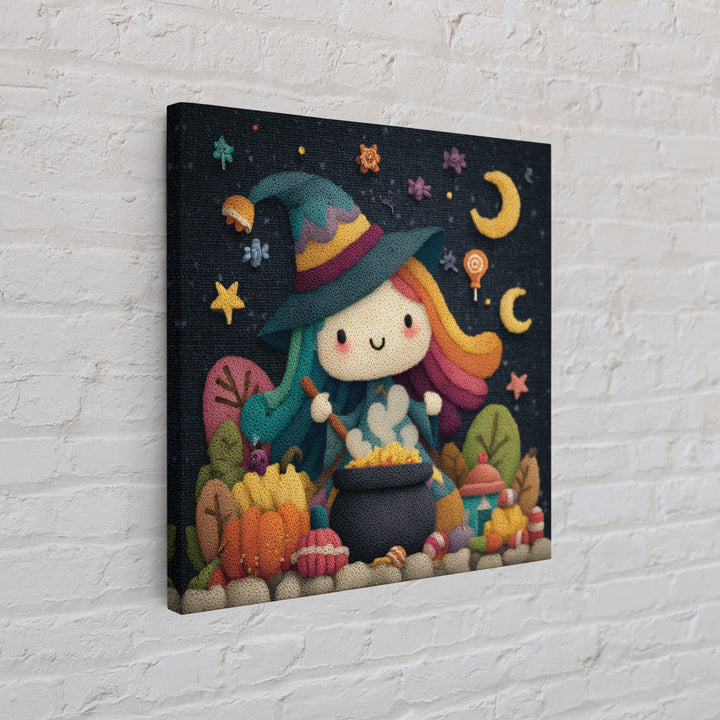 The Rainbow-Cauldron Witch, Plush Halloween Art, Square Wall Art, Canvas Print, Cute Halloween Wall Art
