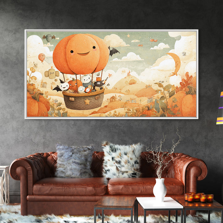 The Pumpkin Hot-Air Balloon, Kawaii Halloween Art, Wide Panoramic Art, Framed Canvas Print, Cute Halloween Wall Art