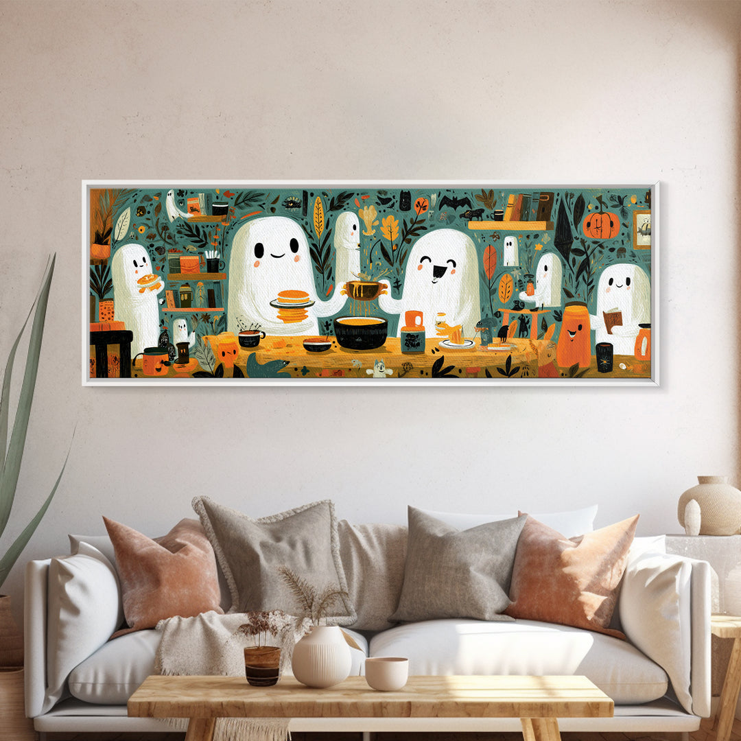 The Ghost Family Breakfast, Retro Halloween Art, Extra Wide Wall Art, Canvas Print, Cute Halloween Wall Art