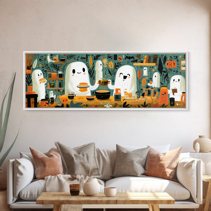 The Ghost Family Breakfast, Retro Halloween Art, Extra Wide Wall Art, Canvas Print, Cute Halloween Wall Art