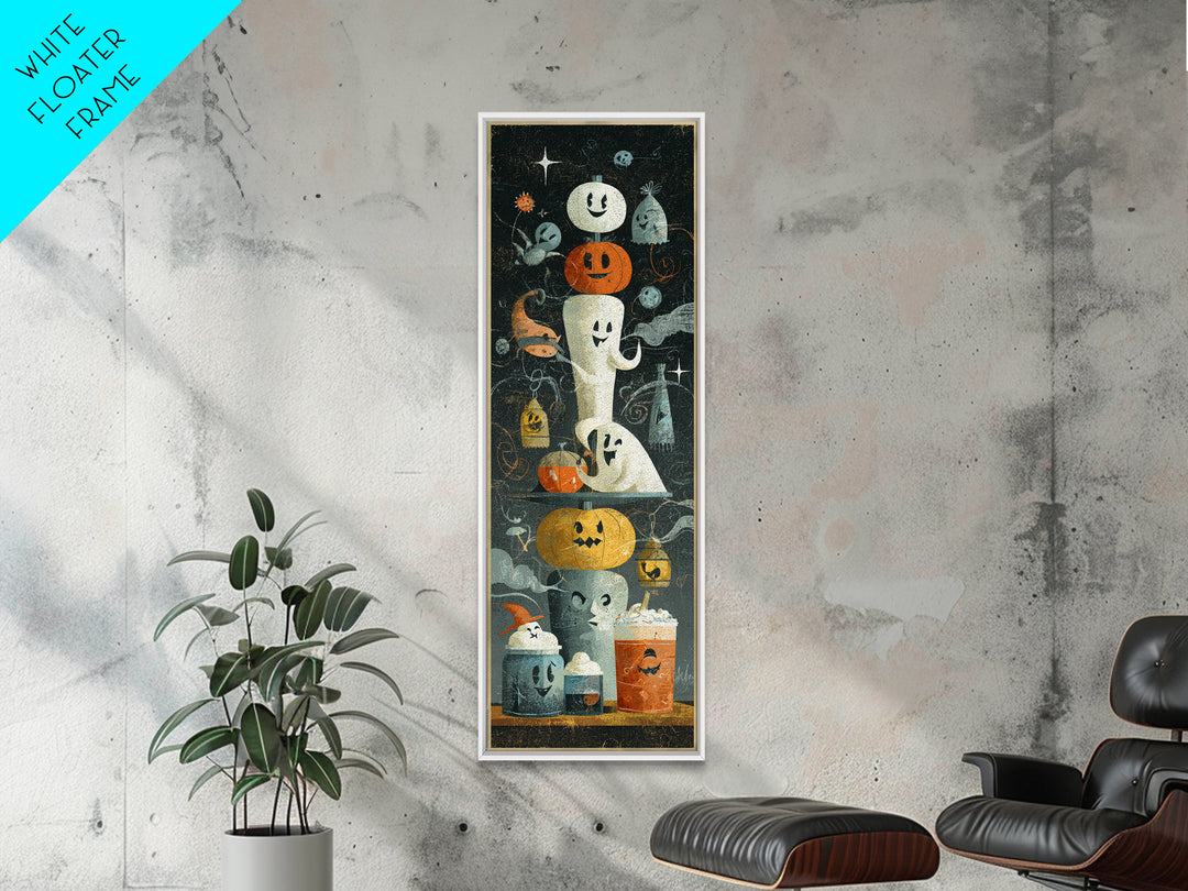 The Midnight Cocoa Party, Screenprint Halloween Art, Tall Narrow Wall Art, Framed Canvas Print, Cute Halloween Wall Art
