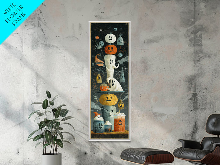 The Midnight Cocoa Party, Screenprint Halloween Art, Tall Narrow Wall Art, Framed Canvas Print, Cute Halloween Wall Art