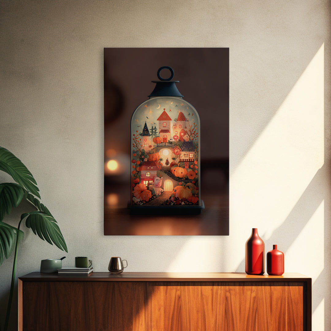 The World Inside A Lantern, Folk Halloween Art, Vertical Wall Art, Canvas Print, Cute Halloween Wall Art