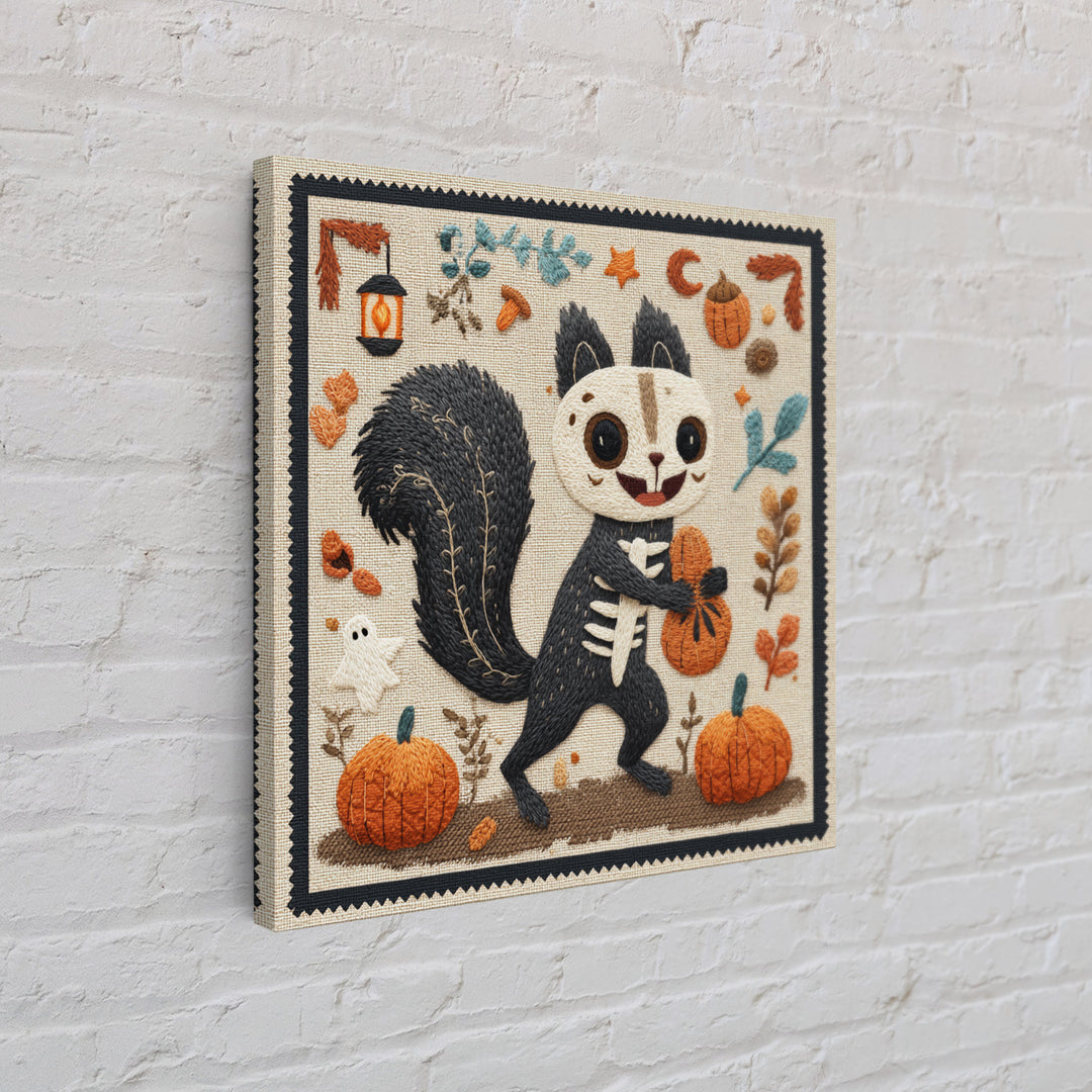 The Squirrel Skeleton, Embroidered Halloween Art, Square Wall Art, Canvas Print, Cute Halloween Wall Art