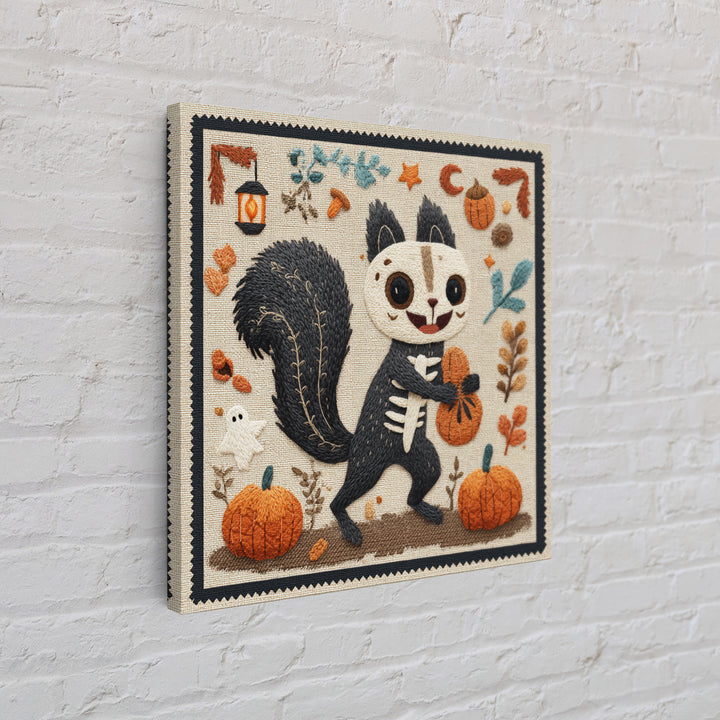 The Squirrel Skeleton, Embroidered Halloween Art, Square Wall Art, Canvas Print, Cute Halloween Wall Art