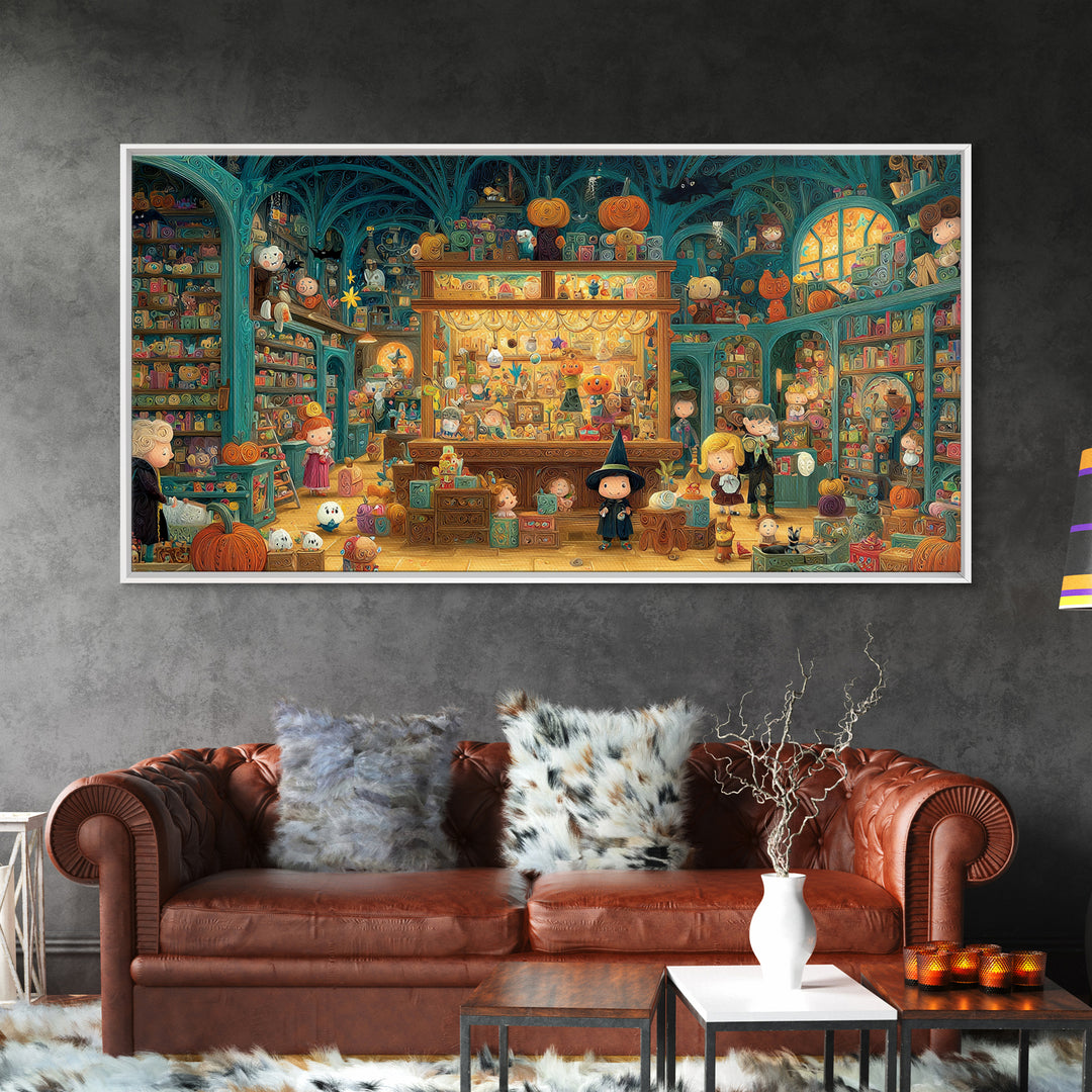 The Moonlight Toy Shop, Quilled Halloween Art, Wide Panoramic Art, Framed Canvas Print, Cute Halloween Wall Art