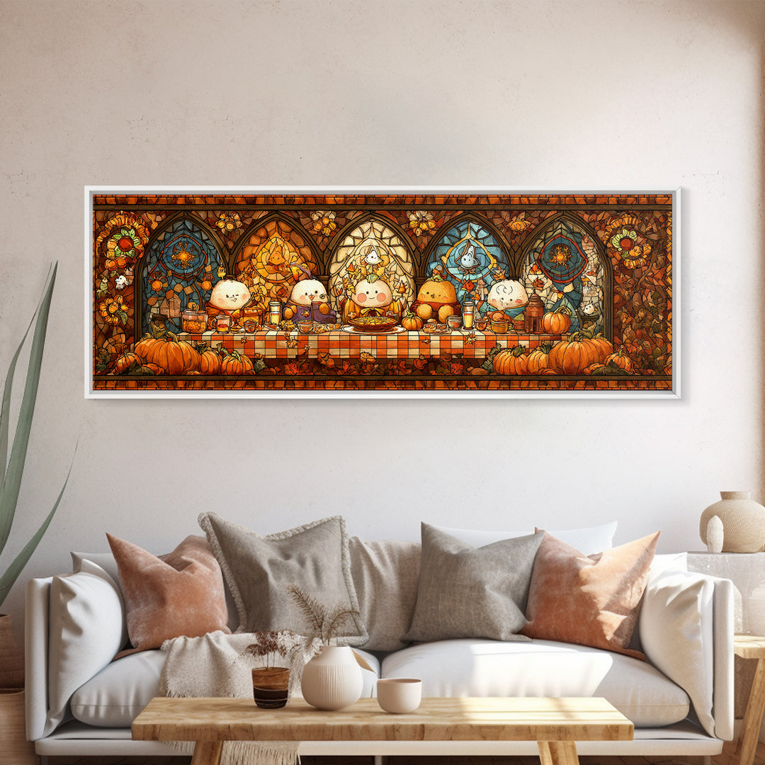 The Candy Corn Picnic, Stained Glass Halloween, Extra Wide Wall Art, Canvas Print, Cute Halloween Wall Art