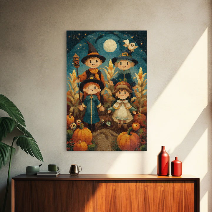 The Starry Cornfield Maze, Pixel Halloween Art, Vertical Wall Art, Canvas Print, Cute Halloween Wall Art
