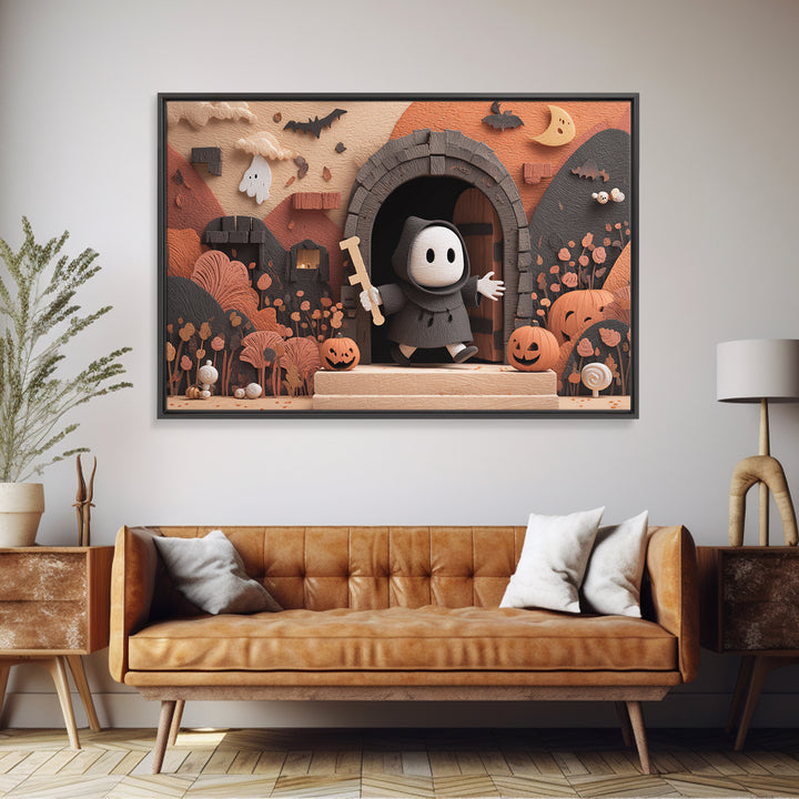 The Keeper Of The Black Reef Key, Vector Halloween Art, Landscape Wall Art, Framed Canvas Print, Cute Halloween Wall Art
