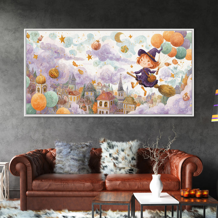 The Witch With A Balloon Broom, Watercolor Halloween Art, Wide Panoramic Art, Framed Canvas Print, Cute Halloween Wall Art