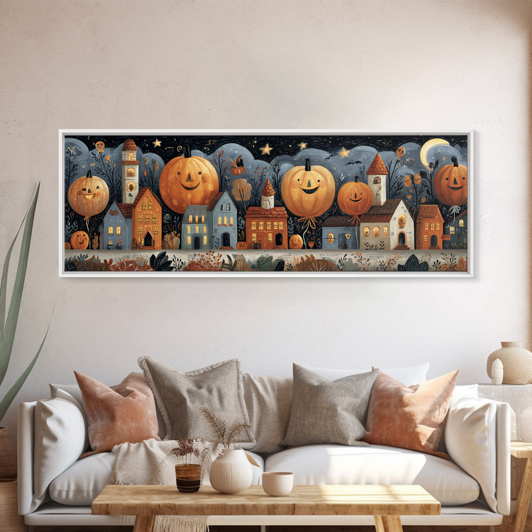 The Pumpkin Balloon Parade, Gouache Halloween Art, Extra Wide Wall Art, Canvas Print, Cute Halloween Wall Art