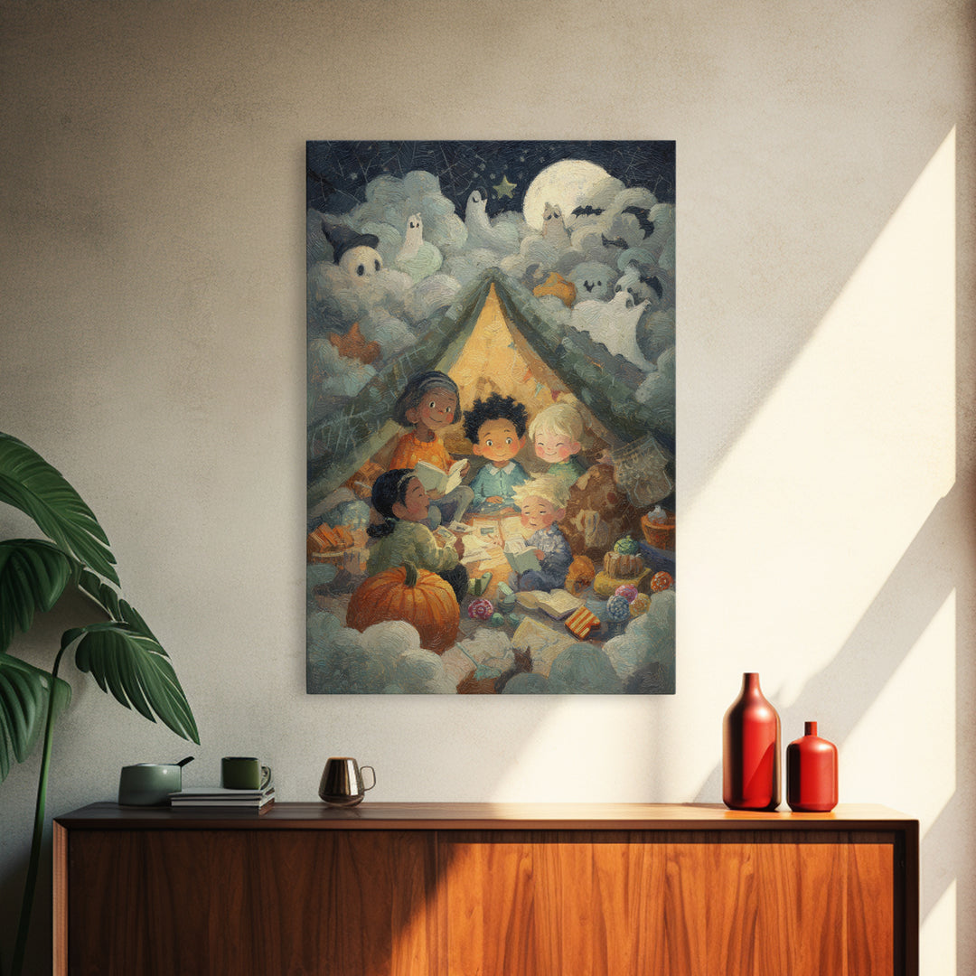 The Halloween Sleepover, Pastel Halloween Art, Vertical Wall Art, Canvas Print, Cute Halloween Wall Art