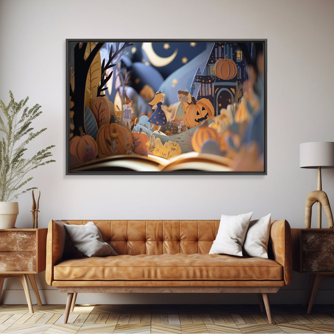 The Enchanted Halloween Library, Paper Collage Halloween, Landscape Wall Art, Framed Canvas Print, Cute Halloween Wall Art