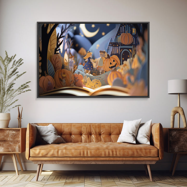 The Enchanted Halloween Library, Paper Collage Halloween, Landscape Wall Art, Framed Canvas Print, Cute Halloween Wall Art