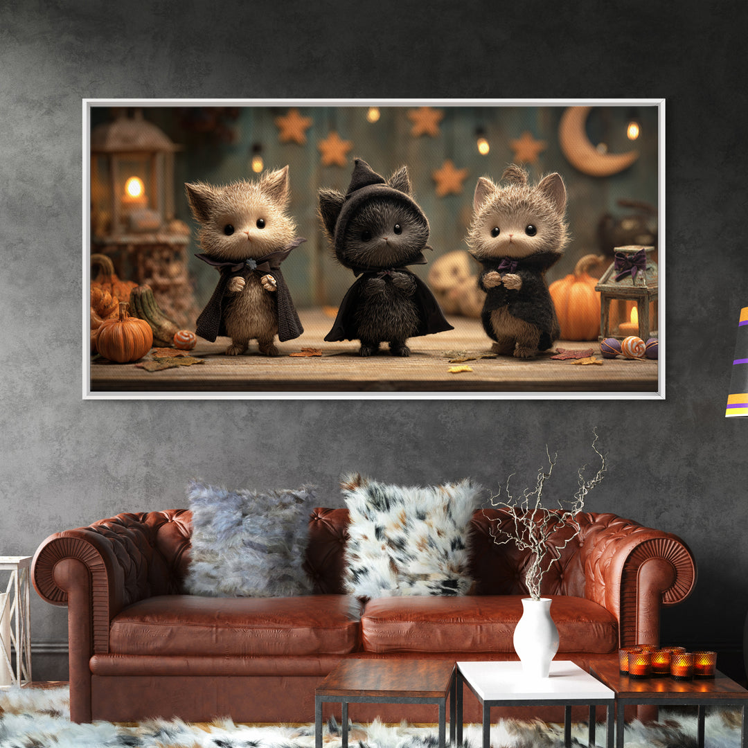 The Kitten Vampire, Clay Halloween Art, Wide Panoramic Art, Framed Canvas Print, Cute Halloween Wall Art