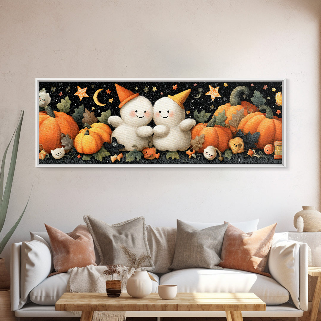 The Halloween Friendship Spell, Plush Halloween Art, Extra Wide Wall Art, Canvas Print, Cute Halloween Wall Art