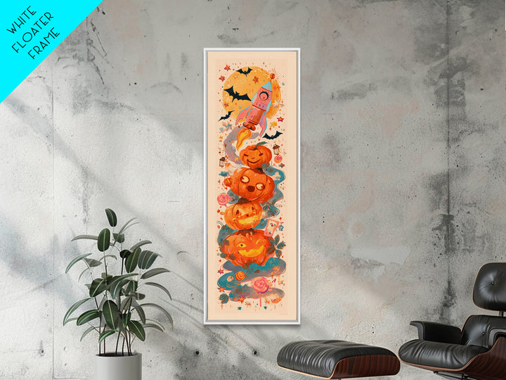 The Pumpkin Rocket Ship, Kawaii Halloween Art, Tall Narrow Wall Art, Framed Canvas Print, Cute Halloween Wall Art, Storybook Decor
