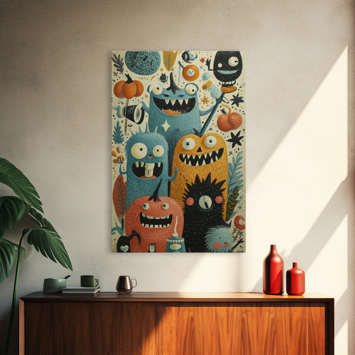 The Monster Toothbrush Club, Retro Halloween Art, Vertical Wall Art, Canvas Print, Cute Halloween Wall Art