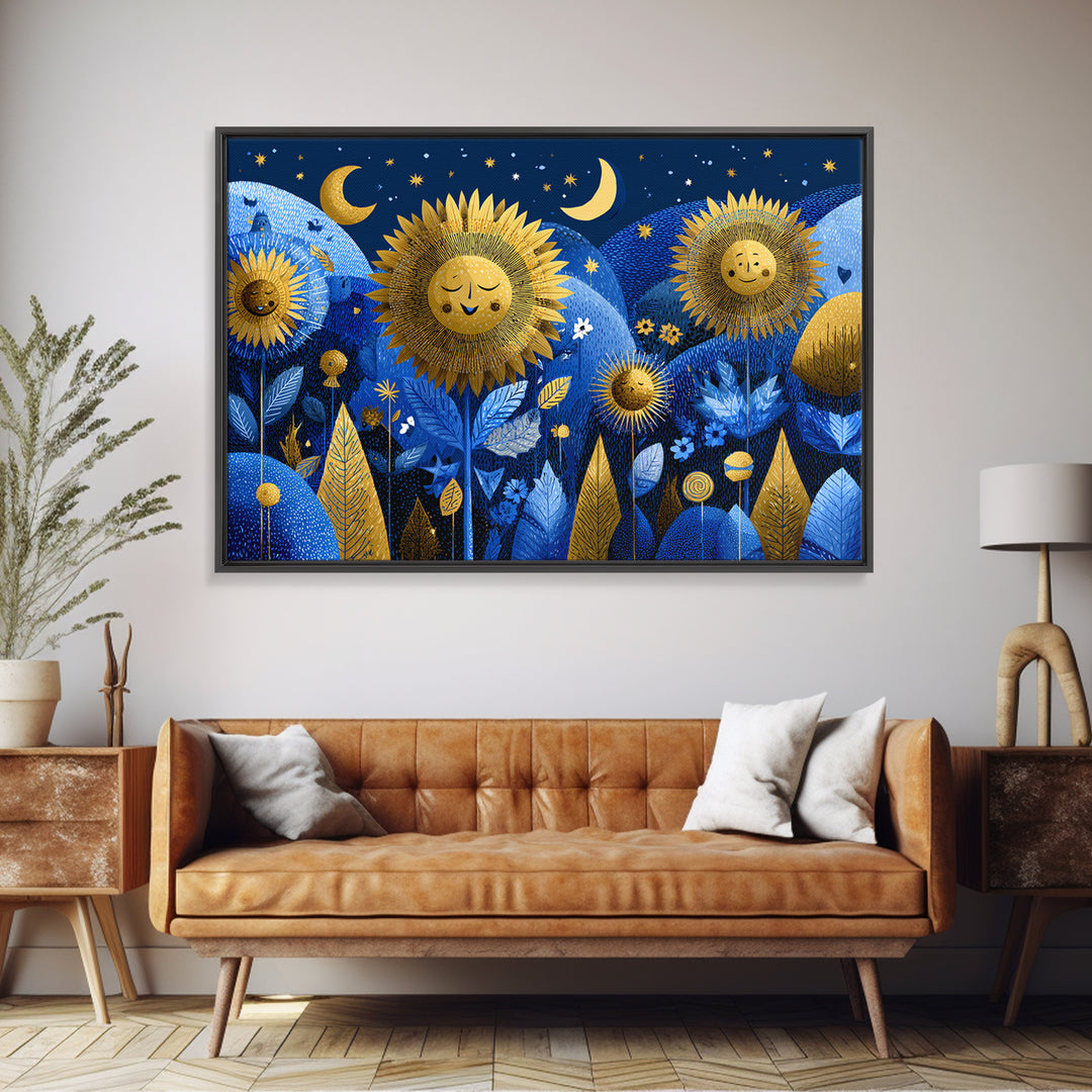 The Singing Sunflowers At Midnight, Screenprint Halloween Art, Landscape Wall Art, Framed Canvas Print, Cute Halloween Wall Art
