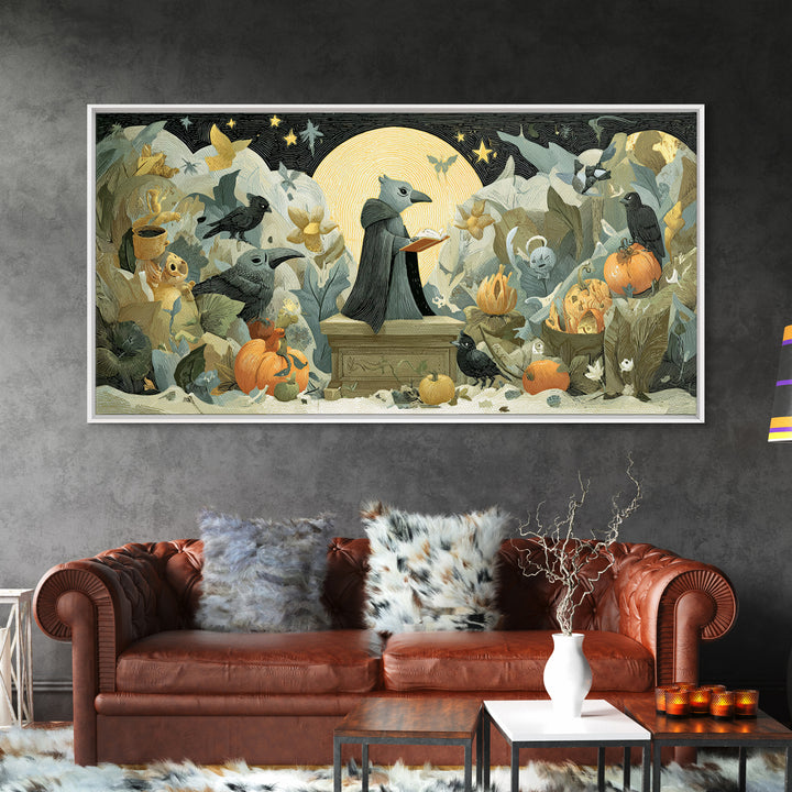 The Raven Sermon Of Leng, Linocut Halloween Art, Wide Panoramic Art, Framed Canvas Print, Cute Halloween Wall Art