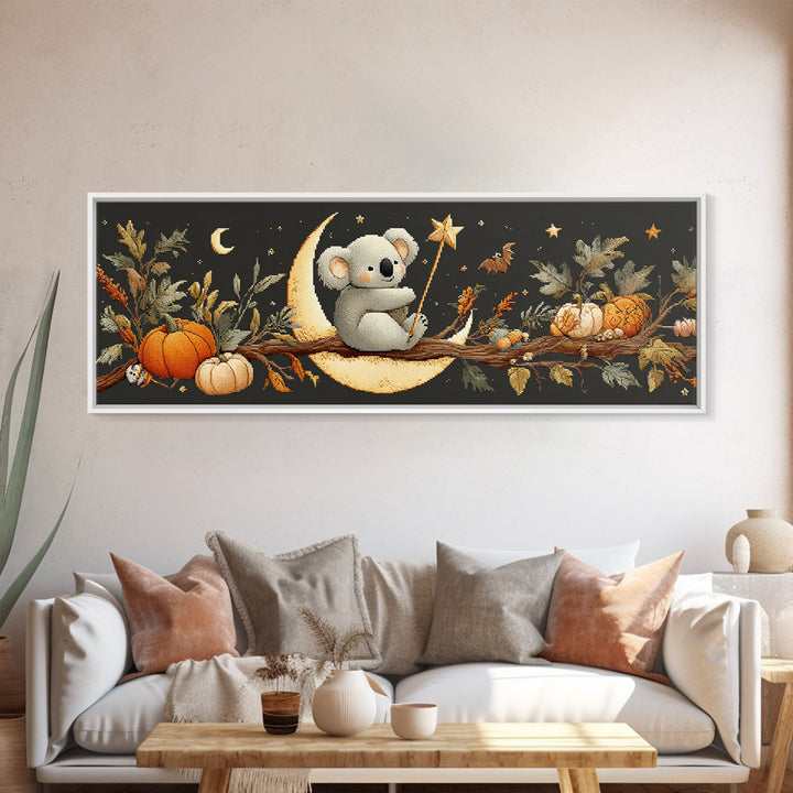 The Koala Wizard, Embroidered Halloween Art, Extra Wide Wall Art, Canvas Print, Cute Halloween Wall Art