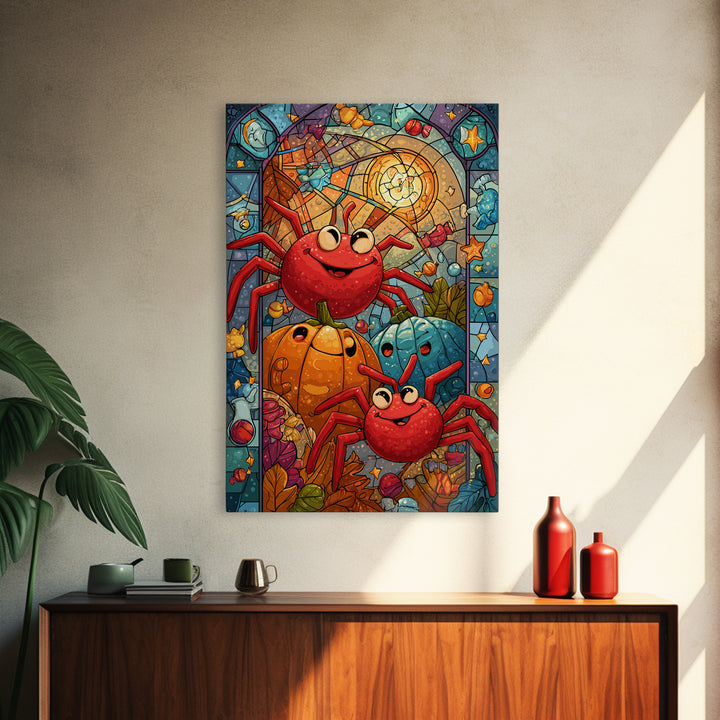 The Licorice Spider Family, Stained Glass Halloween, Vertical Wall Art, Canvas Print, Cute Halloween Wall Art
