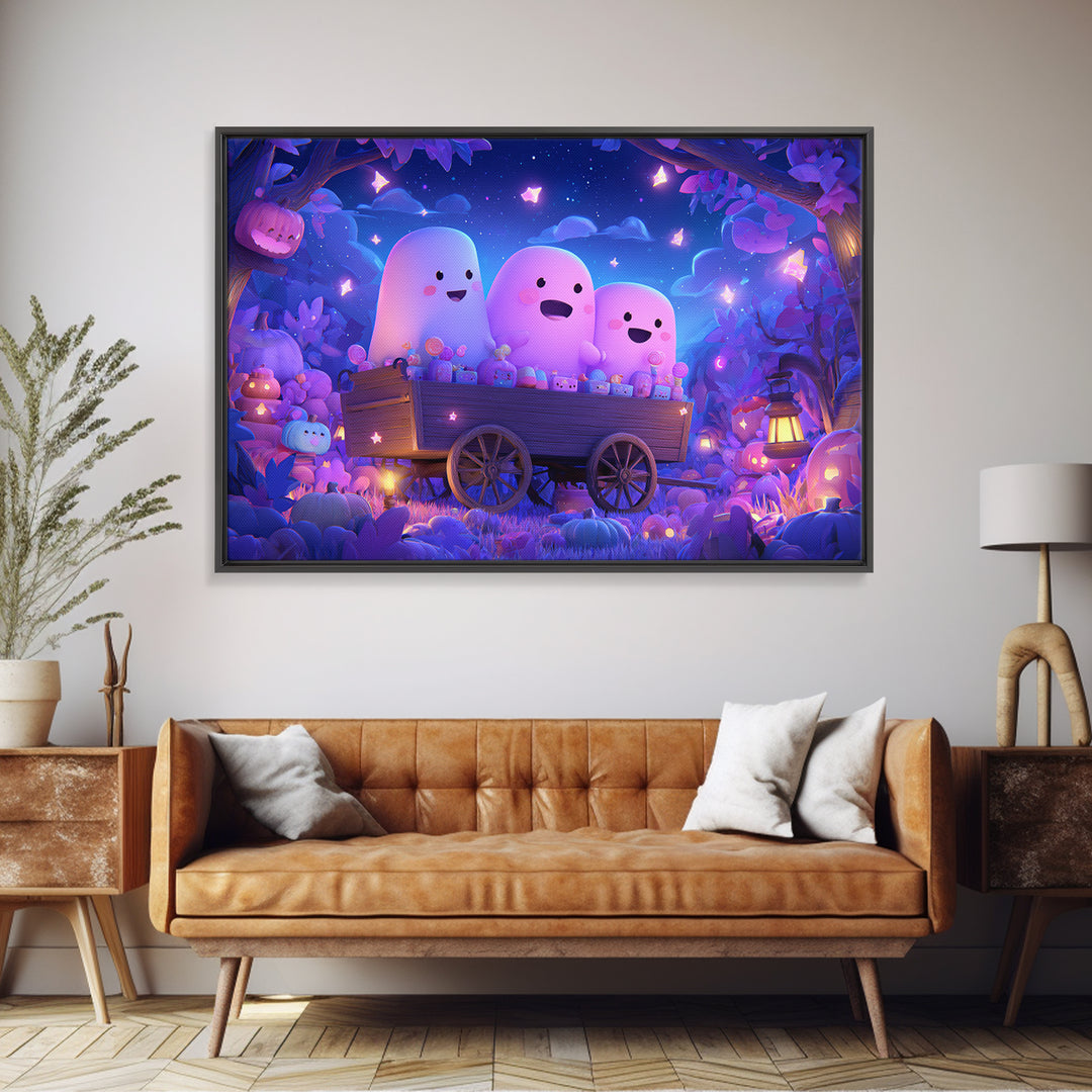 The Friendly Haunted Hayride, Vaporwave Halloween Art, Landscape Wall Art, Framed Canvas Print, Cute Halloween Wall Art