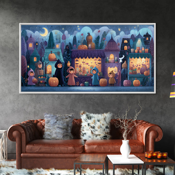 The Lantern Market Beyond The Veil, Vector Halloween Art, Wide Panoramic Art, Framed Canvas Print, Cute Halloween Wall Art
