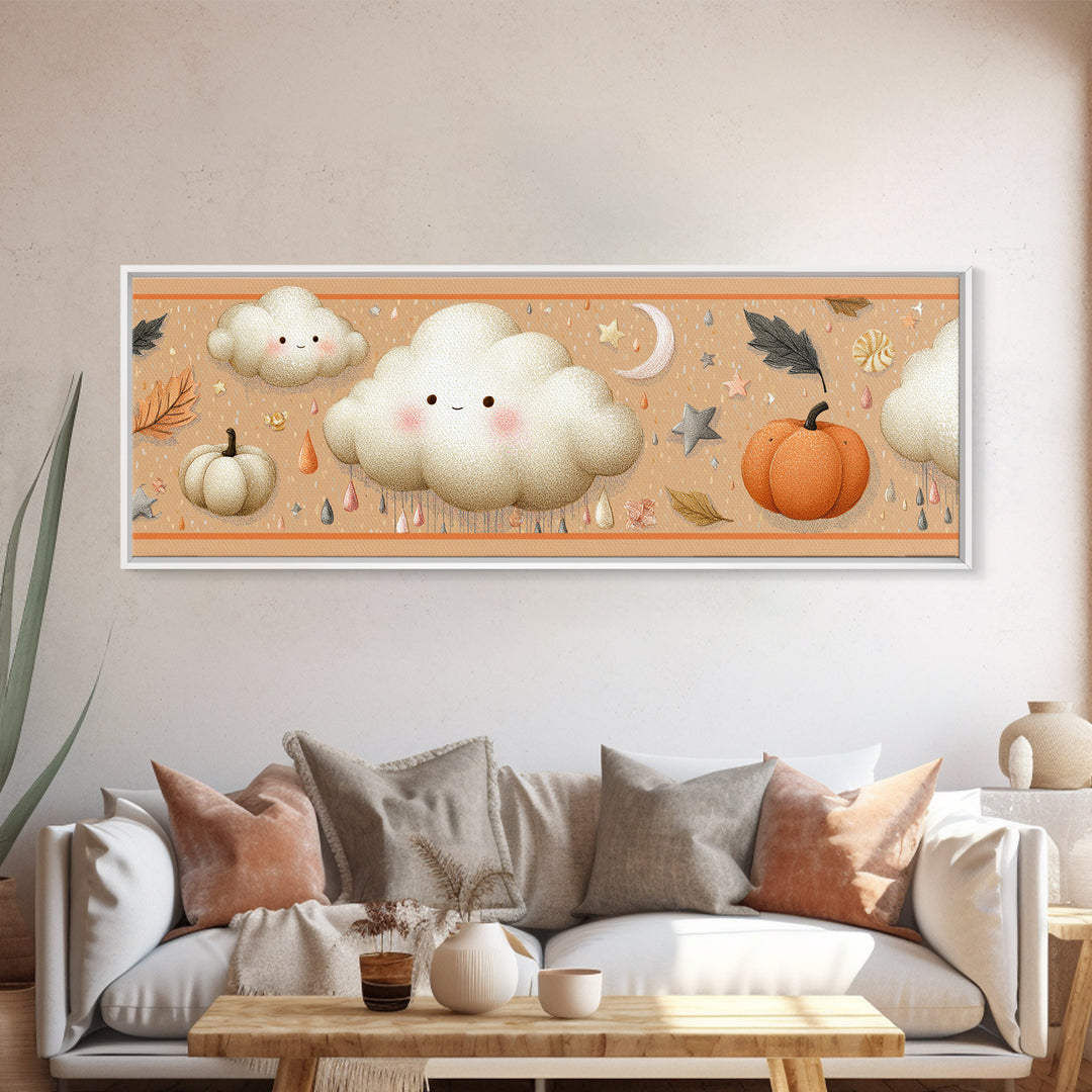 The Cloud Ghost, Hand Sketch Halloween Art, Extra Wide Wall Art, Canvas Print, Cute Halloween Wall Art