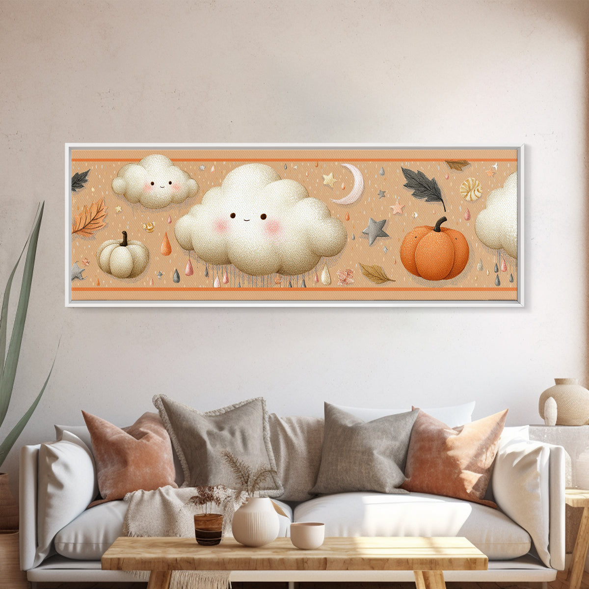 The Cloud Ghost, Hand Sketch Halloween Art, Extra Wide Wall Art, Canvas Print, Cute Halloween Wall Art