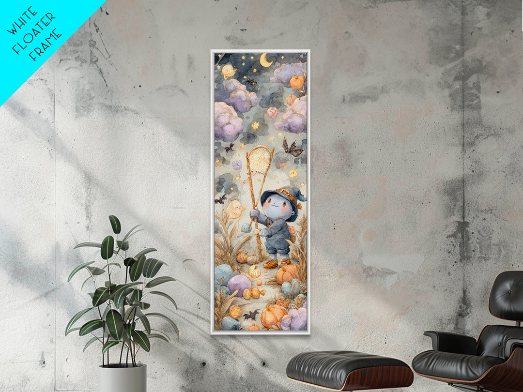The Cloud-Catching Wizard, Watercolor Halloween Art, Tall Narrow Wall Art, Framed Canvas Print, Cute Halloween Wall Art